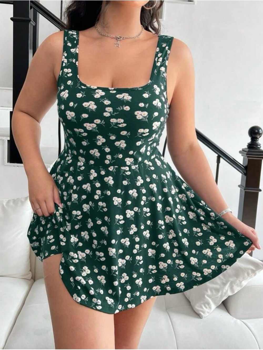 SHEIN Dark Green Floral Tank dress